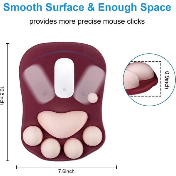 Hiiren alusta rannetuella, kissan tassun muotoinen hiiren alusta (10,7 x 7,7 x 1,1 tuumaa) (viininpunainen)
