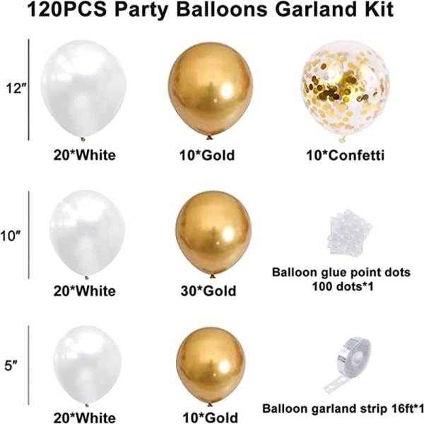 Vit och guld ballongbågsset, 120 st vit och guld ballonggirlangset, guldkonfetti latexballonger, gör-det-själv ballongbåge för pojke flicka bröllop födelsedagsfest