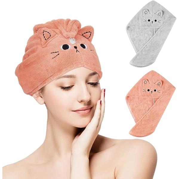 2 stykker mikrofiber hårhåndklæder, pink, grå (kat), absorberende hårhåndklædetaske sød tegneserie hurtigttørrende hårhåndklæde anti-krøllet hårhåndklæde til børn