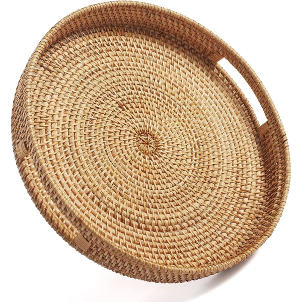 30*30*5cm Rattan Serving Tray with Handles Round Woven Decorative Trays for Coffee Table Stool