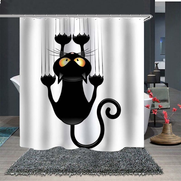 Leashy duschdraperi för självmontering, humoristiskt kattmönster, med krokar (svart katt, 180x200)