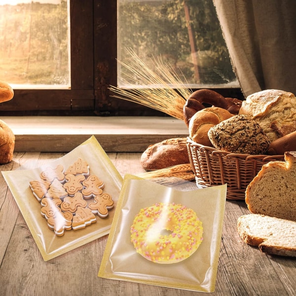 100 stk. (17,8x19,1cm) gennemsigtige papirbrødposer med vindue til cookies, brød med klistermærker, madposer til bagværk, donuts, bagværk, gaver