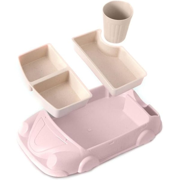 Barntallrik, disk för bärbara halkfria barn, Baby Coding Car Tecknad bilset för de flesta bord och barnstolar (rosa)