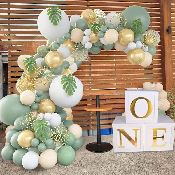Olivolja grön födelsedag ballongbåge, salviagrön ballonggirlang vit guldkonfetti retrogrön ballong för pojkes födelsedagsfest, babyshower, djungel