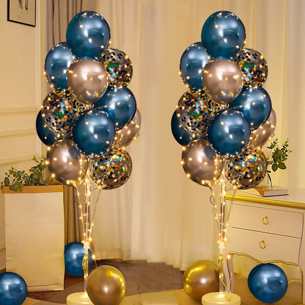 Ballongstativ med lyslenke, sett med 2 lyseblå ballongstativ, dekorasjon til bryllup, babyshower, bursdagsfest, utdrikningslag