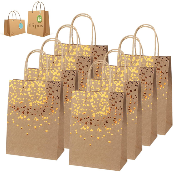15 stk. Kraftposer, Gaveposer i Papir, Kraftpapirposer med Håndtag Genanvendelige Gaveposer til Jul Bryllup Fødselsdagsfest (Ko-hud)