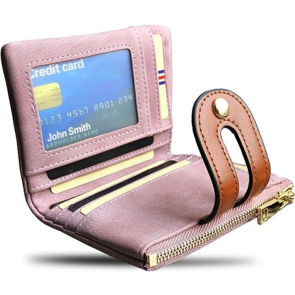 (Rosa) Liten RFID Skinn Bifold Lommebok for Dame Mini Lommebok for