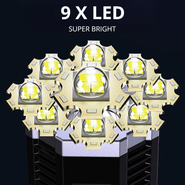 Utomhus bärbar USB-laddningsbar multifunktionell 9LED starkt ljus ficklampa