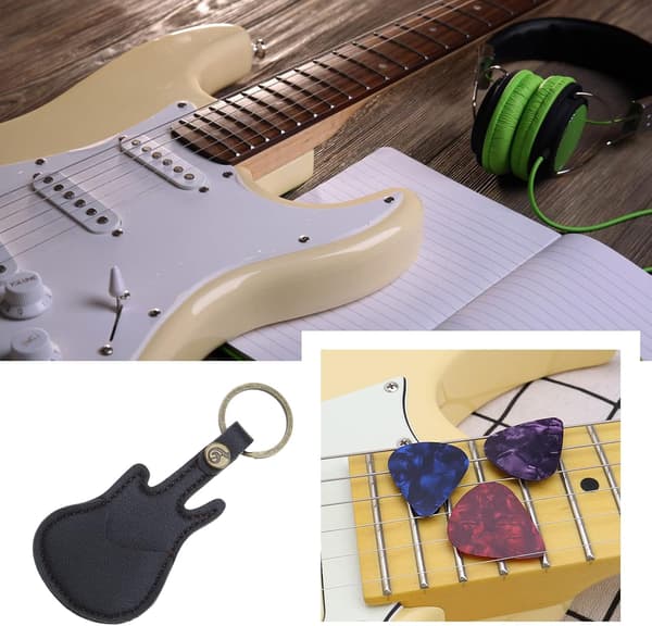 Svart -(utan plektrum) Gitarrplektrumfodral, gitarrplektrumnyckelring, lämplig för män och kvinnor.