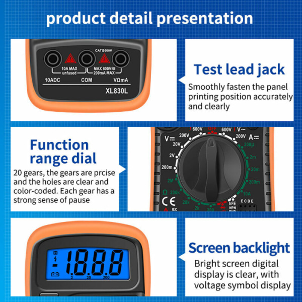 Multimeter, Ohmmeter og Amperemeter Digital Multimeter XL830L 2000 Tællinger Mini Multimeter Batteritester Strøm Spænding AC DC Modstand Buzzer Transi