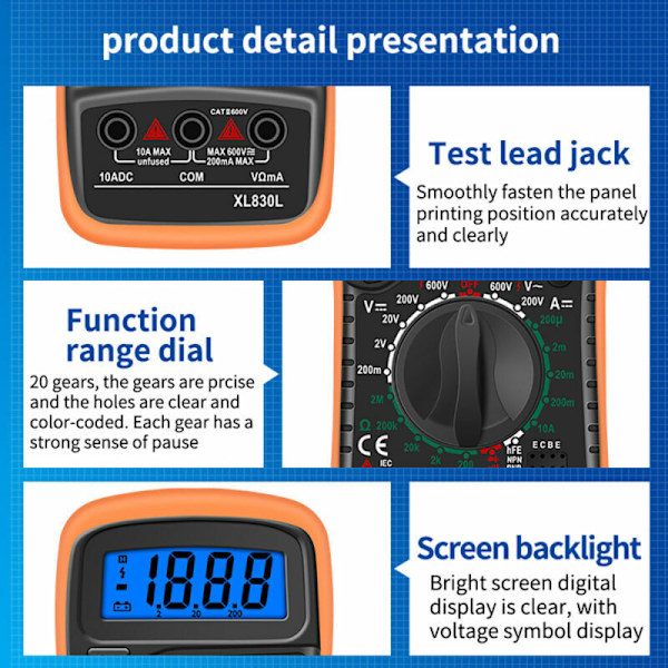 Multimeter, Ohmmeter og Amperemeter Digitalt Multimeter XL830L 2000 Teller Mini Multimeter Batteritester Strøm Spenning AC DC Motstand Summer
