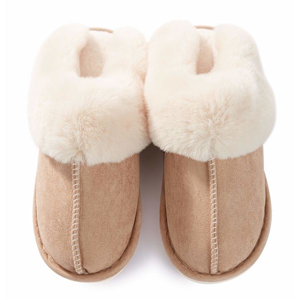 Kvinders hjemmesko med memory foam, bløde og varme hjemmesko med slip-on, skridsikre, komfortable plys til indendørs og udendørs brug (khaki farve)