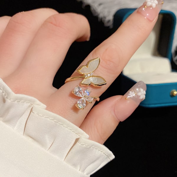 Skal sommerfugl ring kold stil enkel trendy diamant super flash åben ring til kvinder