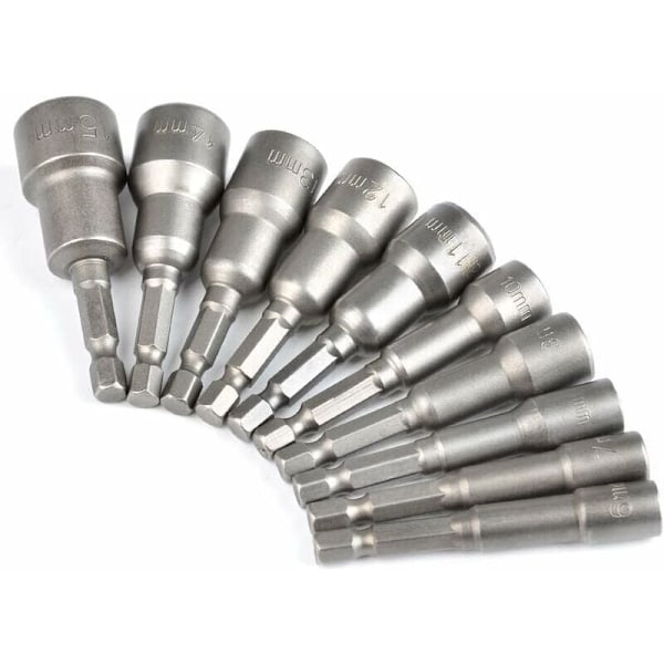 10 stk. magnetisk sekskantpipe-sett 6-15mm slagtrekkerpipe, magnetisk sekskantpipe-nøkkelsett magnetisk 1/4 sekskantpipeadapterverktøy