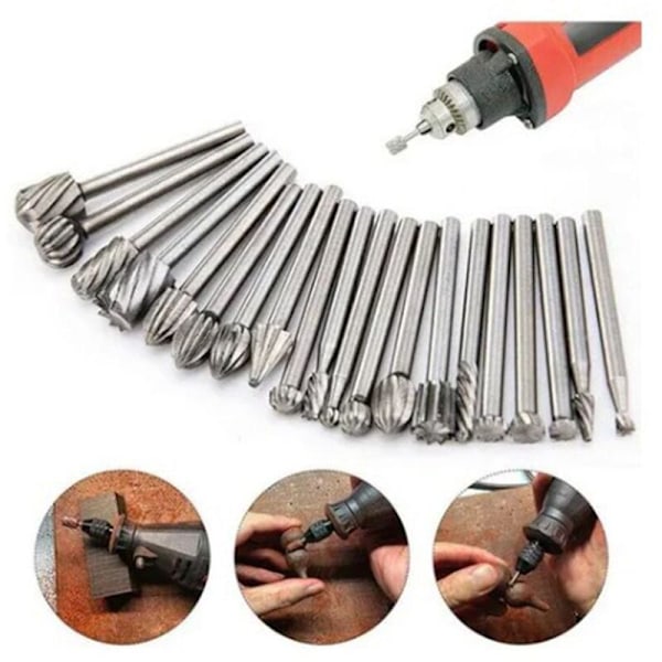 20 stk. HSS roterende file sæt, wolframcarbid skærehoveder, 1/8'' (3 mm) skaft Dremel file bits til gør-det-selv træbearbejdning, udskæring, boring