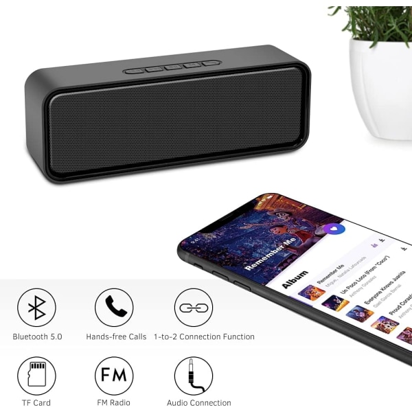 Bärbar trådlös högtalare (svart), Bluetooth 5.0 med 3D-stereoljud HiFi-bas, 1500 mAh batteri, 12 timmars speltid