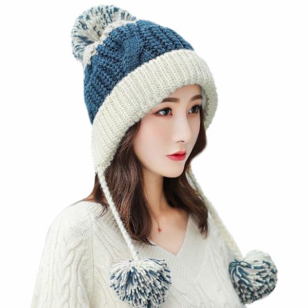 Dames Vinter Peruviansk Øre Beanie Ørevarmere Sherpa Sne Hat Strikket Fleece Foret 3 Pom Poms, Blå