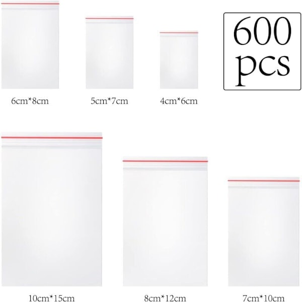 Pakke med 600 klare plastik ziplock-poser, genlukkelige plastikposer, 80 μm tykkelse - 100×6 poser (6 størrelser)