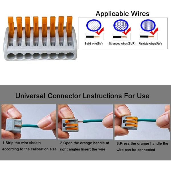 10 stk Premium PCT-218 Lever-Nut Wire Connector Set, 8 Ports Conductor Compact Wire Connectors, Compact Connector Spring Terminal Block