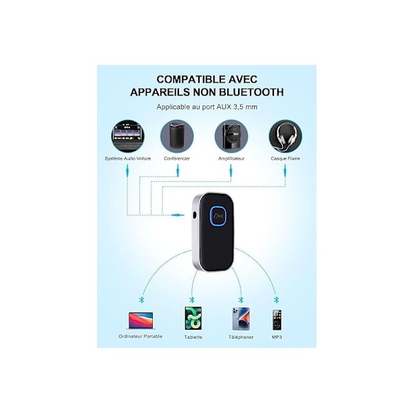 Bluetooth 5.3 Mottaker for Bil, Bluetooth Adapter for Bil, 3.5mm AUX Jack med Trådløs Støyreduksjon for Bilstereo/Bilradio/Kablede Hodetelefoner/Høyttaler