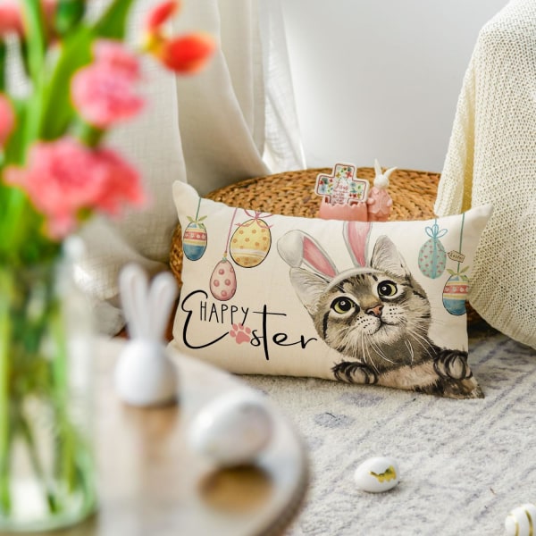 Glad Påsk Kaninöron Katt Kuddfodral, 30*50cm Påskägg Semester Kudde Box Dekoration Lämplig för Soffa Soffa