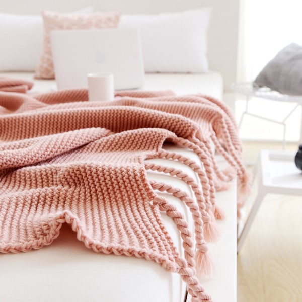 Tjock stickad filt, bekväm tvinnad stickad filt för soffa, stol, soffa, säng, vardagsrum, sovrum, dekorativ bomullsfilt (Rosa)