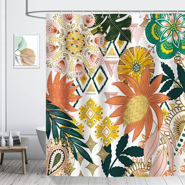 Bohemia bruseforhæng Blomster Blade 180 x 180 cm Badeforhæng Polyesterstof Mugbestandigt Vandtæt Vaskbart Badeværelseforhæng med 12 Kroge til