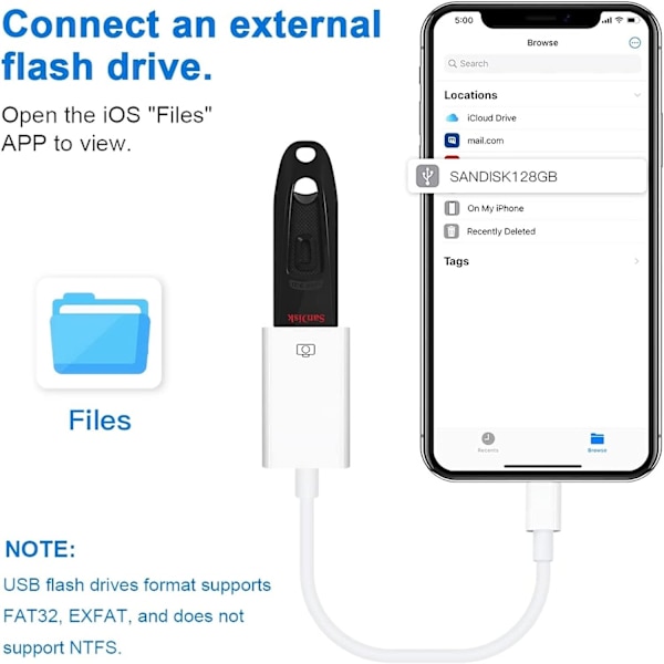 2 stk. USB-adapter til iPhone USB til OTG Lightning til USB-kabel Ada