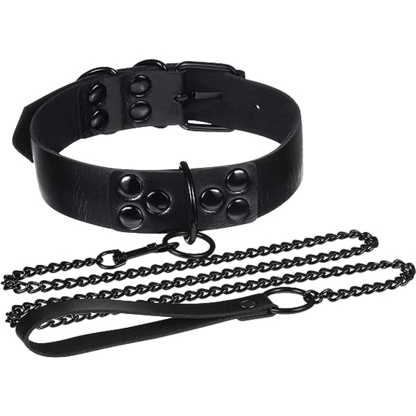Sort PU læder punk choker+træktov, sexet gotisk choker bælte med læder, justerbar sort krave, med trækkæde