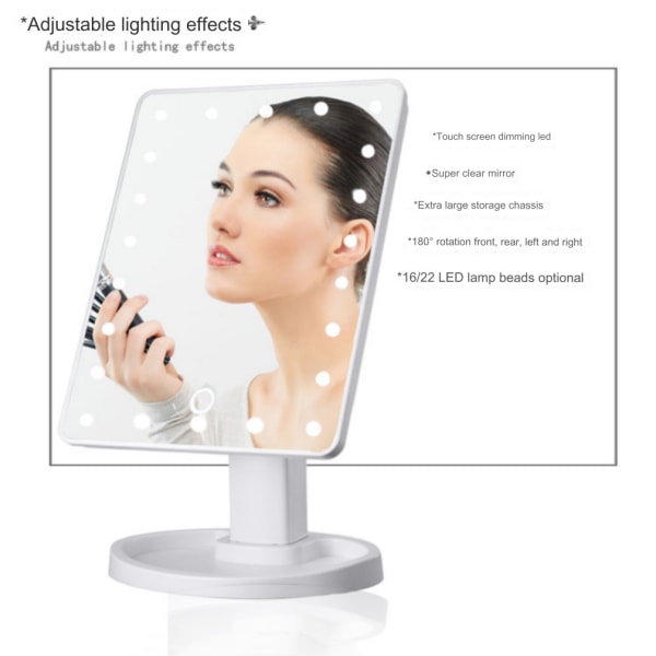 Kosmetisk speil med LED-belysning, 10-tommers storskjermlys, USB-lading (Hvite 16 lys)