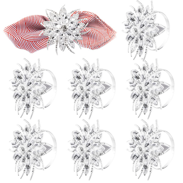 Pakke med 8 serviettringer, glitrende lotus-rhinestone serviettholder, rund serviettspenne for bryllupsfest hjemme kjøkkenbord lin tilbehør (sølv
