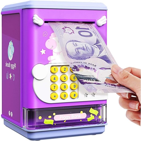 Säästöpossu lelu elektroninen minipankkiautomaatin säästökone PIN-koodilla ja sormenjälkilukitussimulaatiomusiikkirasia 3-8-vuotiaille lapsille, pojille ja tytöille (Purpl