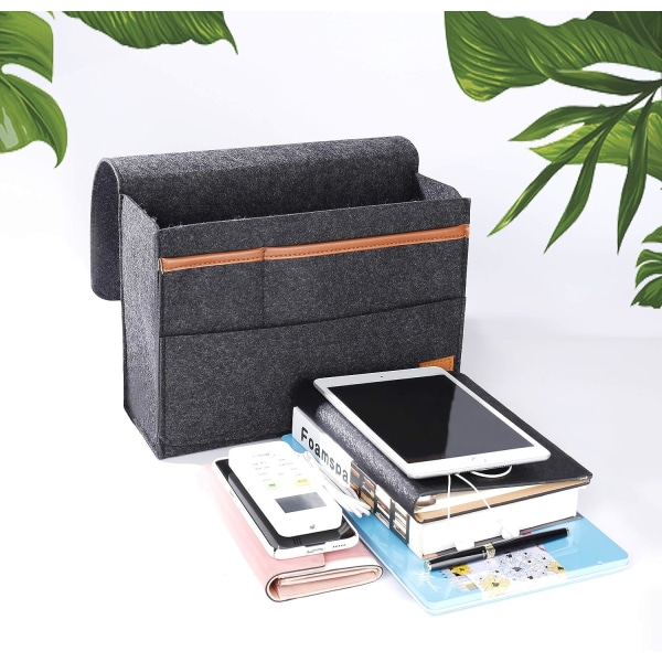 Mørkegrå briller Caddy Organizer, filt seng Caddy seng lomme opbevaringspose til telefon, fjernbetjening, dagbog, pen, magasin, briller