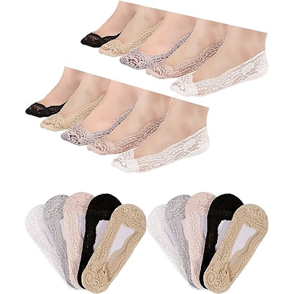 10 par spetsbåtsockar halkfria ankelsockar osynliga strumpor för kvinnor (5 färger) (storlek: en storlek)