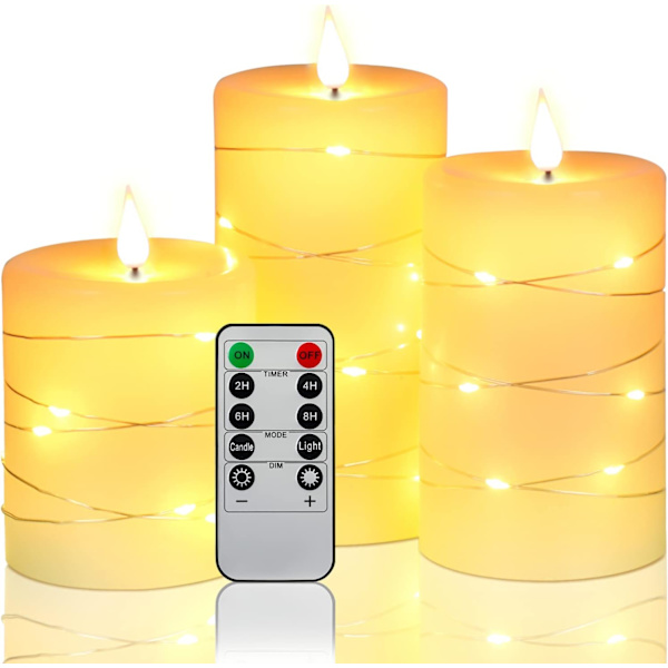 LED-ljus, batteridrivna ljus, med inbäddade ljusslingor, 3-delade flamlösa ljus, med 10-tangenters fjärrkontroll, 24-timmars timerfunktion, dansande fl