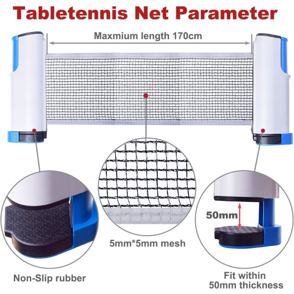 Retractable Ping Pong -verkko, kannettava pöytätennisverkon teline, täydellinen ping pong -pöydälle, toimistopöydälle, kodin keittiöön tai ruokapöydälle, harmaa-sininen-suora