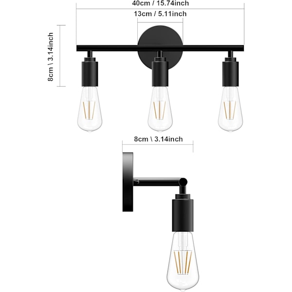 Retro baderomsspeil lampe med 3 lys, 40 cm jern baderomsspeil lampe, E27 retro baderomslampe, pære ikke inkludert