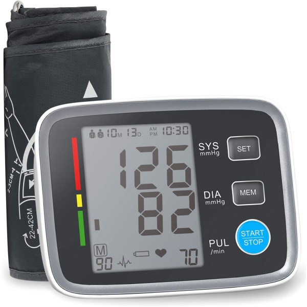Exakt blodtrycksmätare - Justerbar blodtrycksmanschett - Med hemautomatisk överarm digital maskin - 180 set minne inklusive batteri