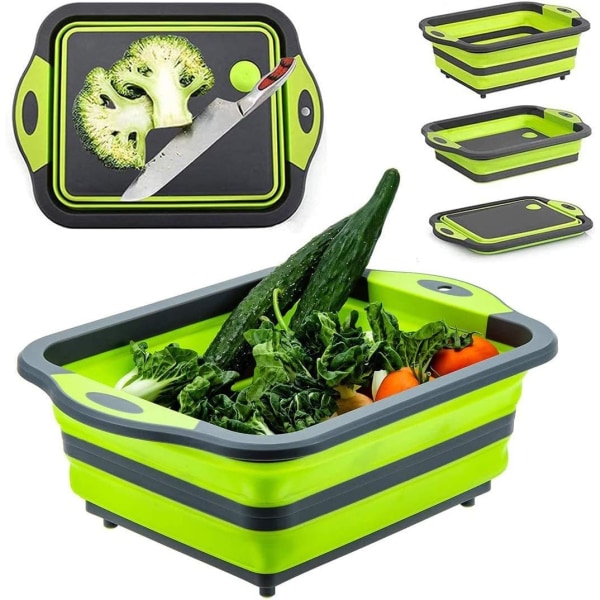 Green - Collapsible Cutting Board with Colander, Foldable Multifunctional Camping Sink, Silicone Plastic Dish for Fruits and Vegetables Sink Storage