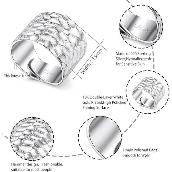 925 Sterling Hopea Naisten Sormus Käsintehty Laaja Säädettävä Nauha Korkea Kiillotettu Käsintehty Kupoli Sormus Naisten Miesten Vasaroidu Nauha Säädettävä