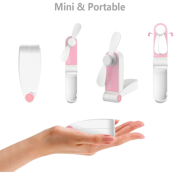 Mini sammenleggbar håndholdt vifte (rosa), bærbar håndholdt oppladbar