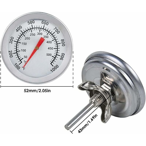 Termometer for grill, MAX 500 °C/1000 °F Rustfritt stål termometer F Analog skjerm Analogt termometer for ovn, pizzaovn, vedovn