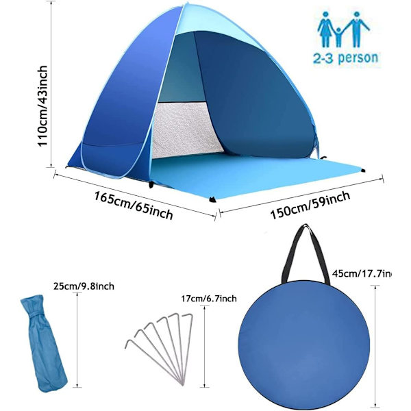 Udendørs Instant Pop-up Strandtelt, Bærbar Strandtelt, Automatisk, Vandafvisende, Nem at Opsætte, Velegnet til Familie, Picnic, Camping (Blå)