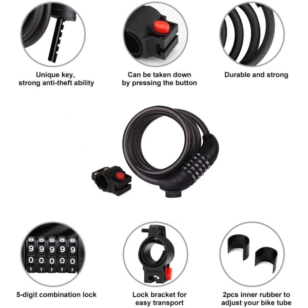 Cykellåskabel Cykelsäkerhetskabel 5 Position Elcykelhänglås Kombination Anti-stöld Cykel Motorcykelkedjelås, Diameter 12mm