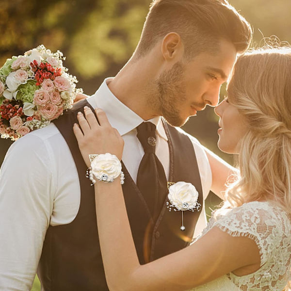 Hvid - 2 stk. håndleds corsage bryllup corsage perle armbånd rhinestone rød rose kunstig blomst håndleds corsage brudepige blomst bryllup armbånd