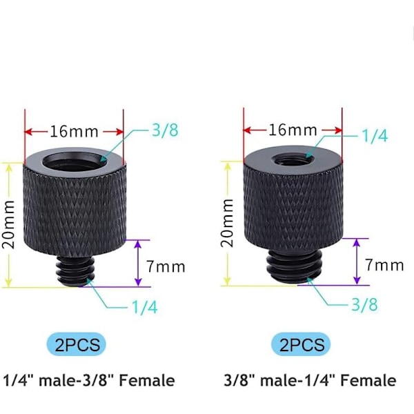 Kappaleet Kameran Ruuvin Sovitin 1/4\" Uros - 3/8\" Naaras ja 3/8\" Uros - 1/4\" Naaras Kierre Sovitinsarja Kameran Monitorille, Mikrofonin Jalustalle, Telineelle