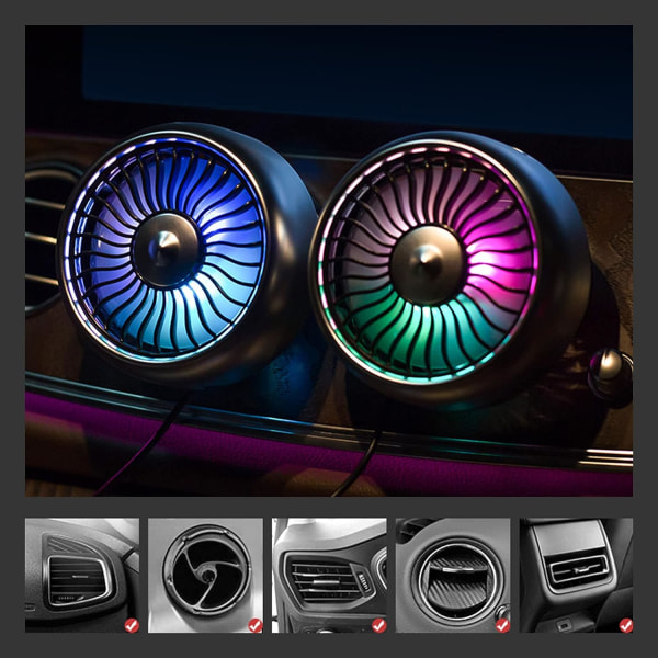 Auton tuuletus USB tuulettimet värikkäällä valolla/imukupilla auton USB portilla