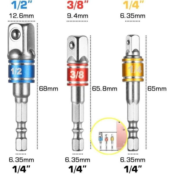 105° Vinkeladapter (1/4\", Hex Bit) og 3 stk. Trådløs Skruetrækker Socket Adapter Socket Adapter til Bit Holder (1/4, 3/8, 1/2\").