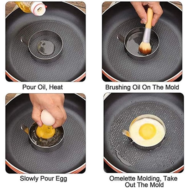 4 stk. rustfrit omeletform i rustfrit stål til madlavning af spejlæg/pandekager/omeletter og mere, non-stick belægning, fødevaregodkendt rustfrit stål