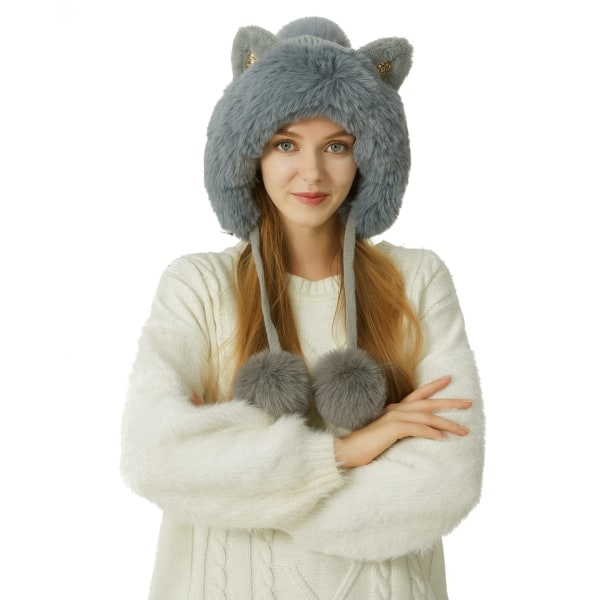 Dam vinter söt peruansk Gael-Ear Beanie Earmuffs Sherpa Snow Hat stickad fleecefodrad 3 Pom Poms, grå